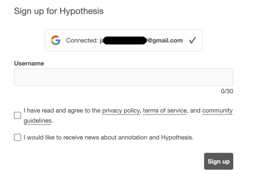 page showing that the google account has been connected to the Hypothesis account